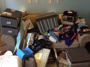 After removing everything off of the bookshelves, I was left with this God-awful mess. 